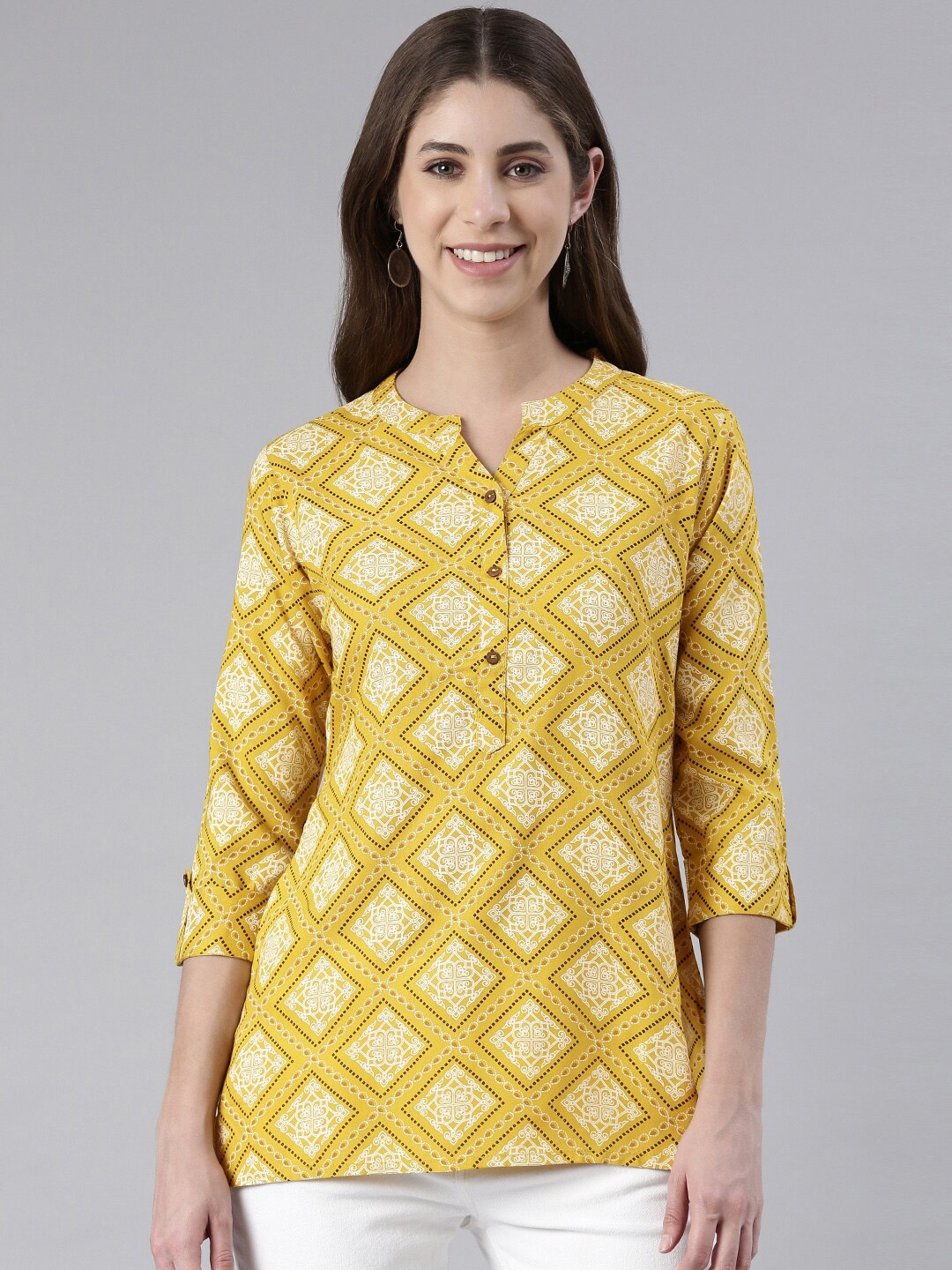 

MALHAAR Ethnic Motifs Print Mandarin Collar Tunic, Yellow