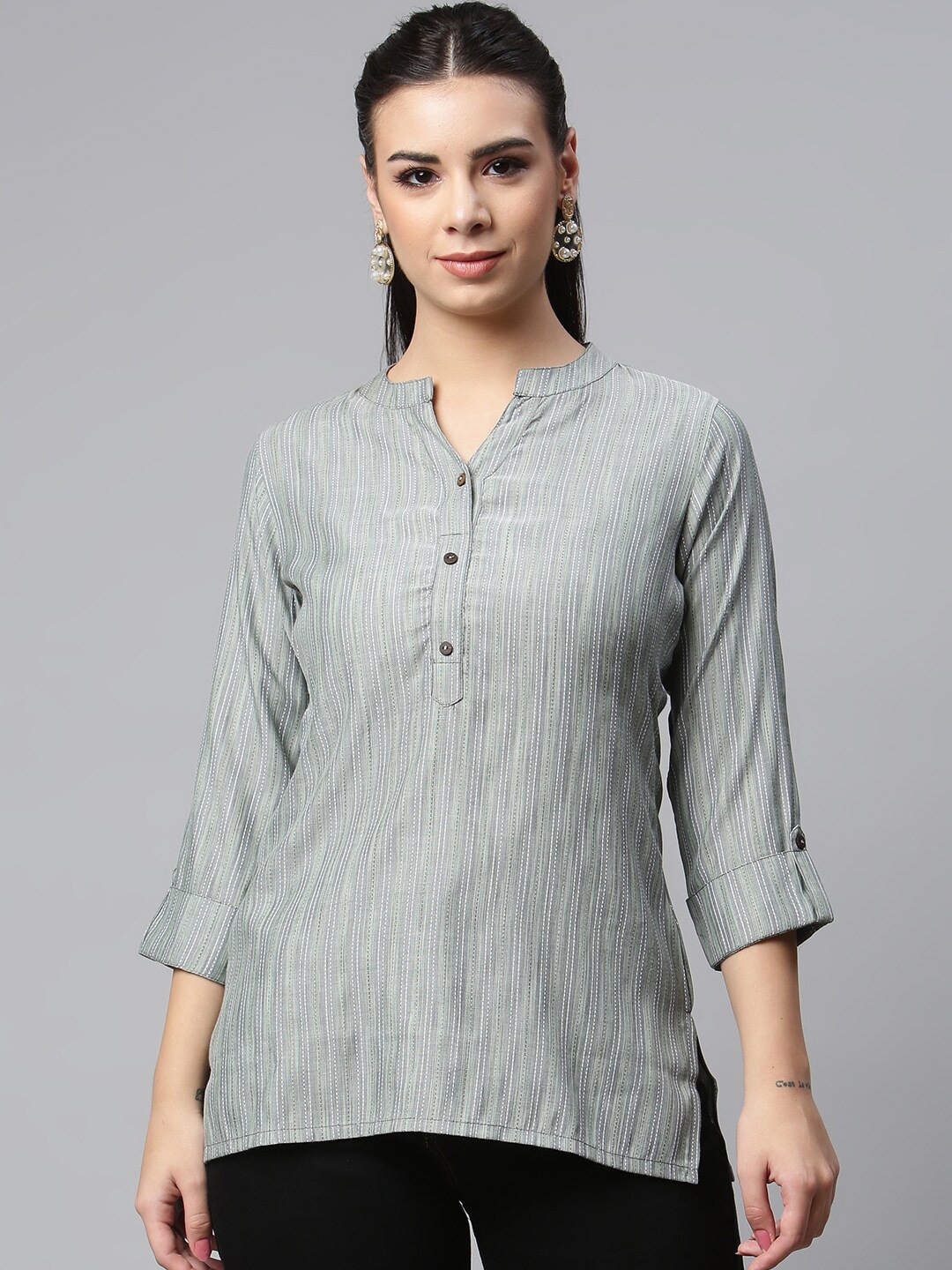 

MALHAAR Striped Mandarin Collar Top, Grey