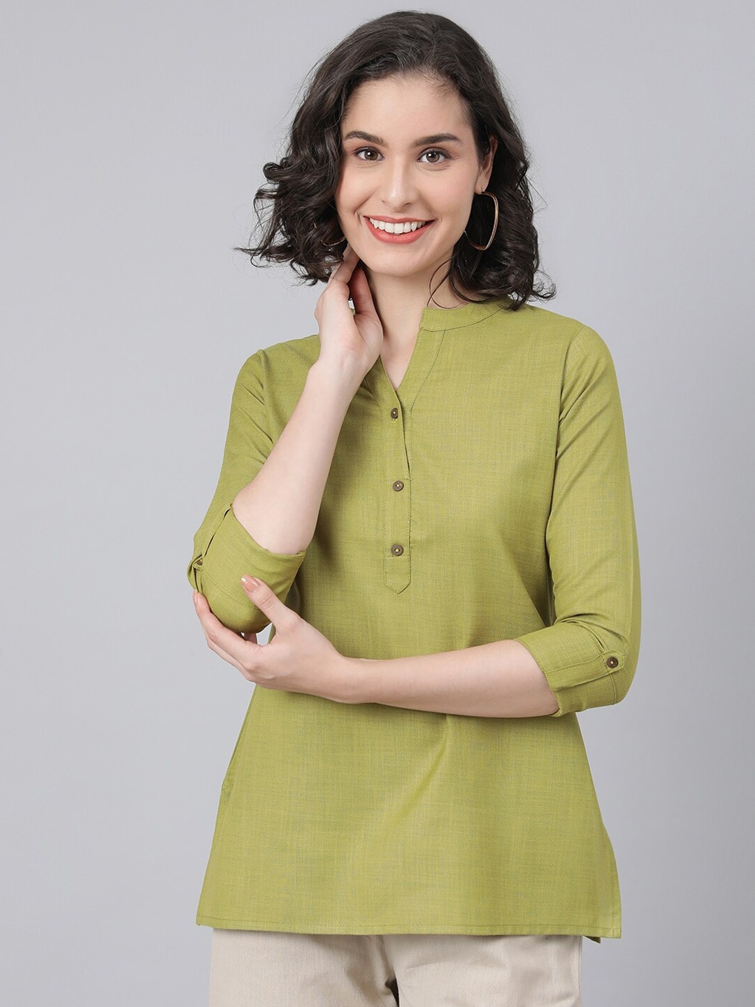

MALHAAR Mandarin Collar Roll-Up Sleeves Shirt Style Pure Cotton Top, Green