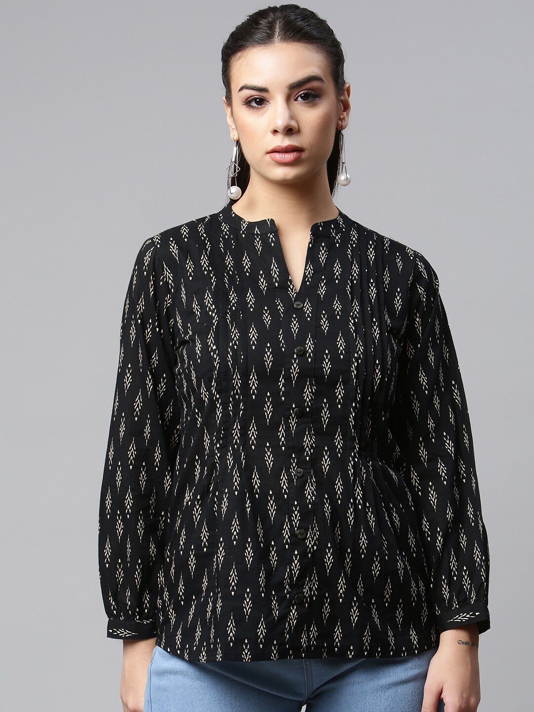 

MALHAAR Floral Printed Pure Cotton Mandarin Collar Top, Black