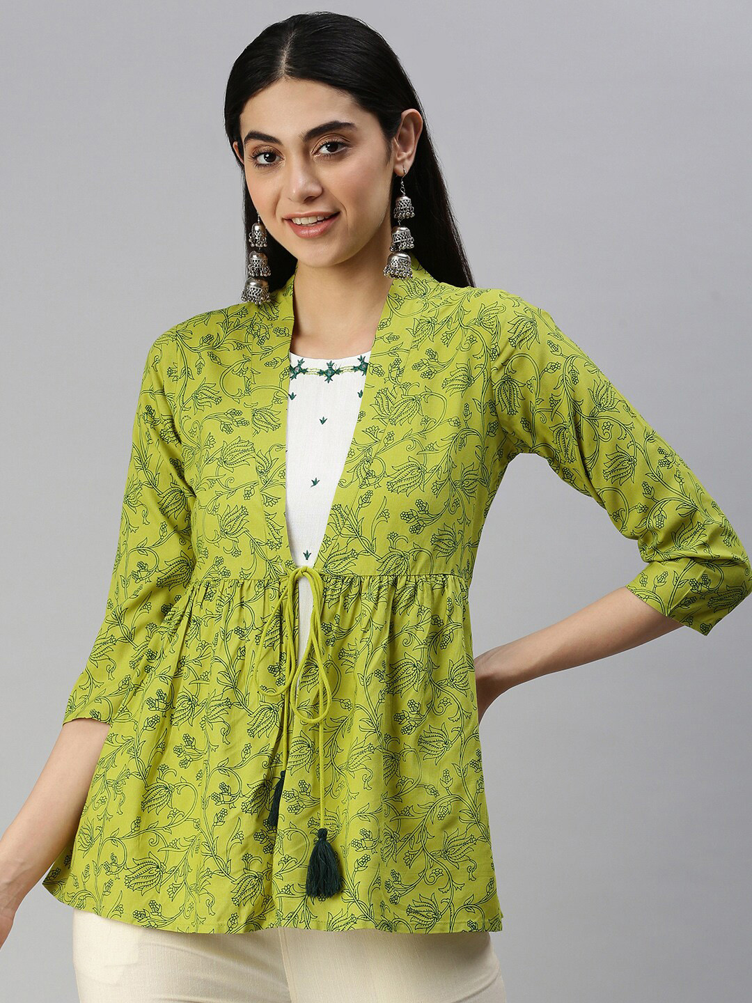 

MALHAAR Floral Printed Empire Top With Attached Jacket, Green