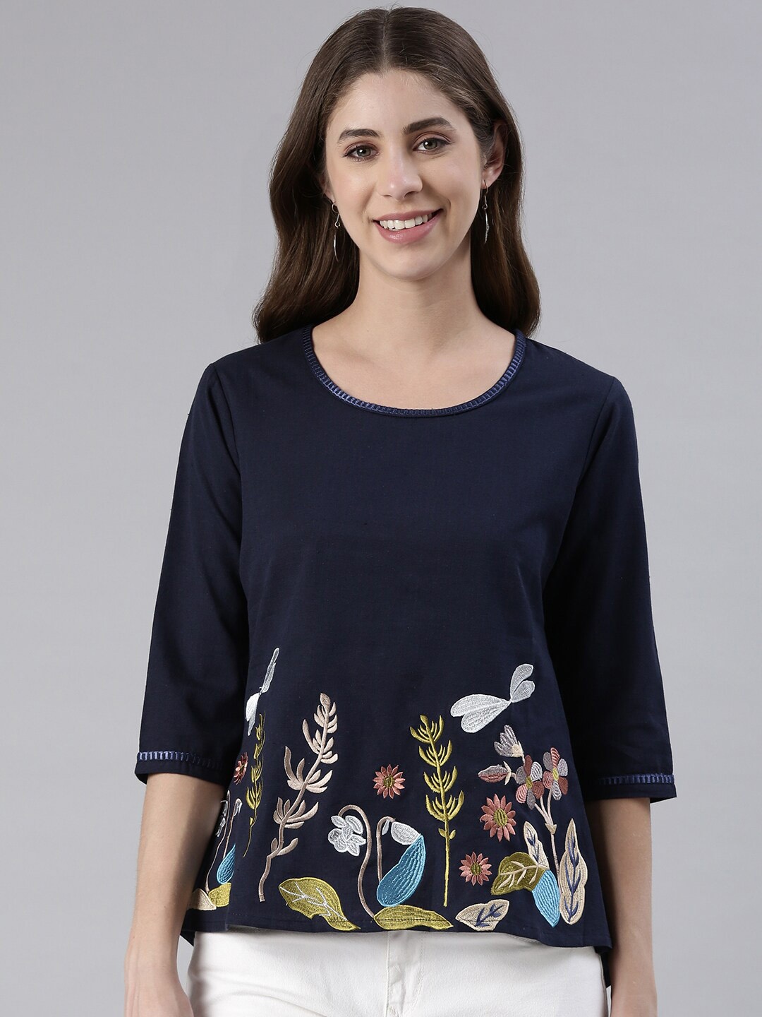 

MALHAAR Floral Embroidery Round Neck Pure Cotton Top, Navy blue