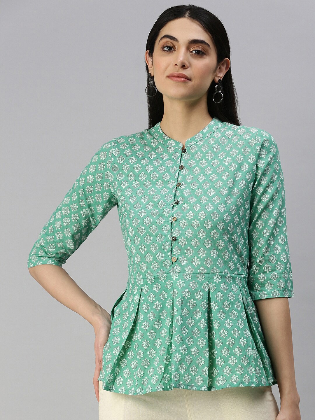 

MALHAAR Ethnic Motifs Printed Pure cotton Mandarin Collar Peplum Top, Green