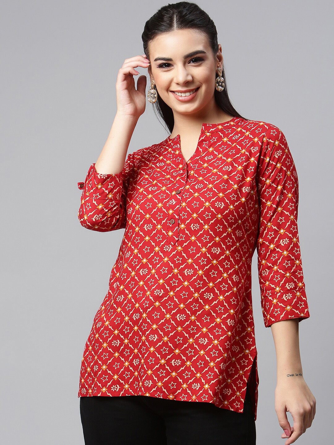 

MALHAAR Geometric Print Mandarin Collar Top, Red