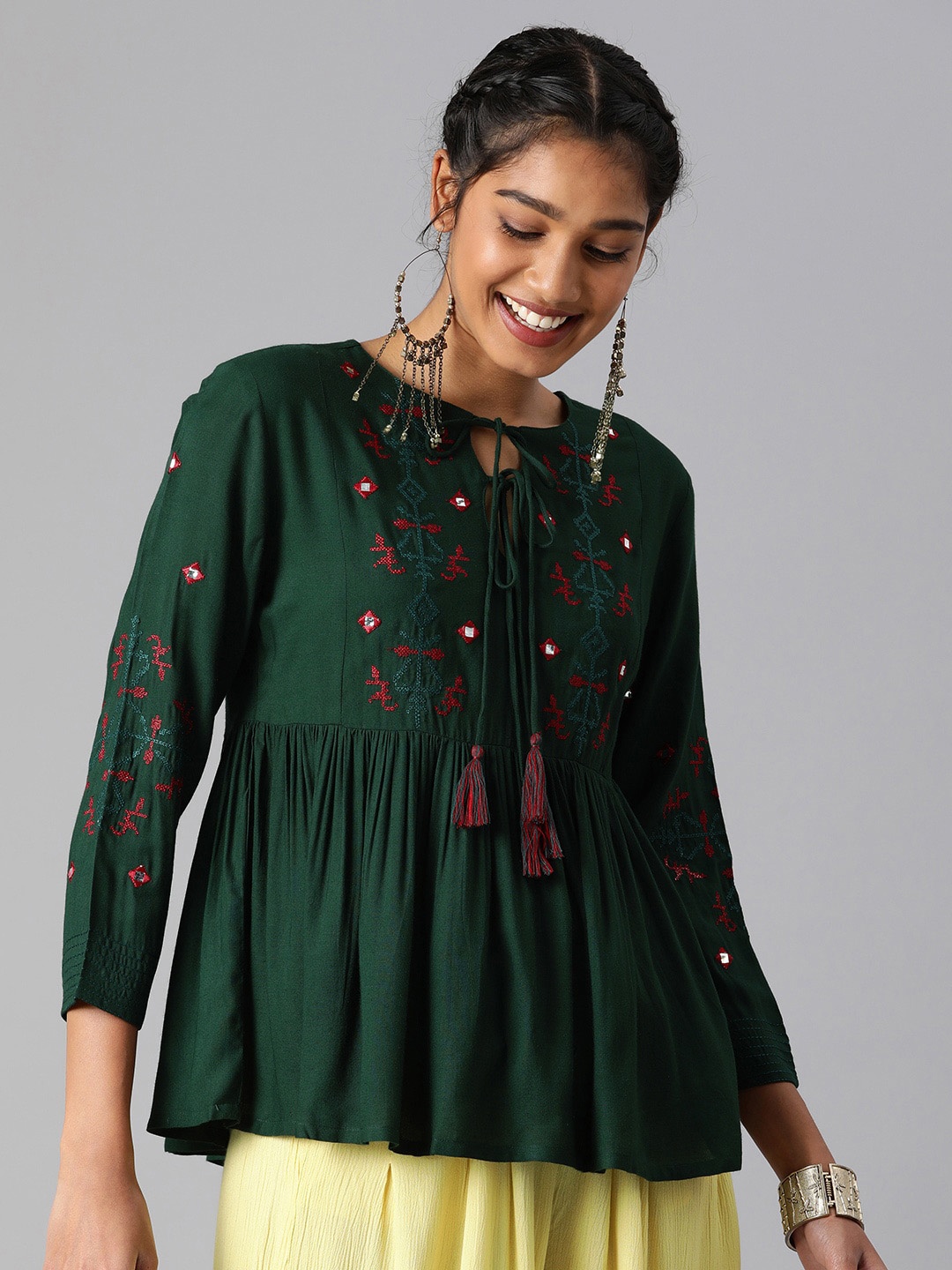 

MALHAAR Ethnic Motifs Embroidered Tie-Up Neck A-Line Top, Green