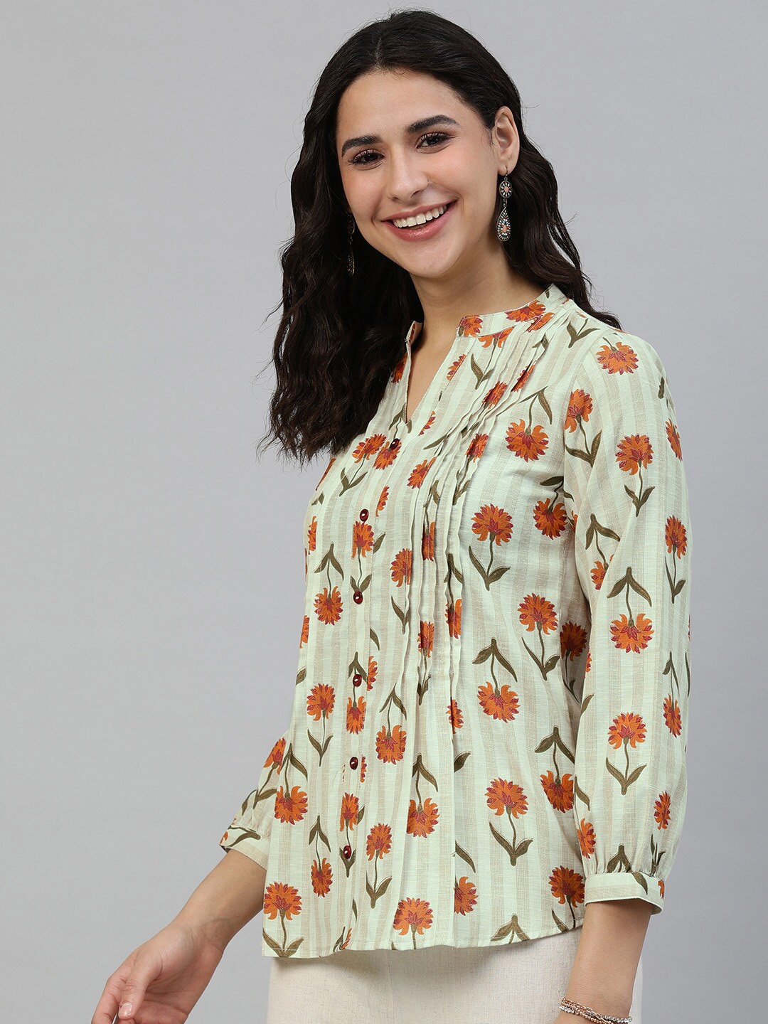 

MALHAAR Floral Print Mandarin Collar Shirt style Pure Cotton Top, Orange