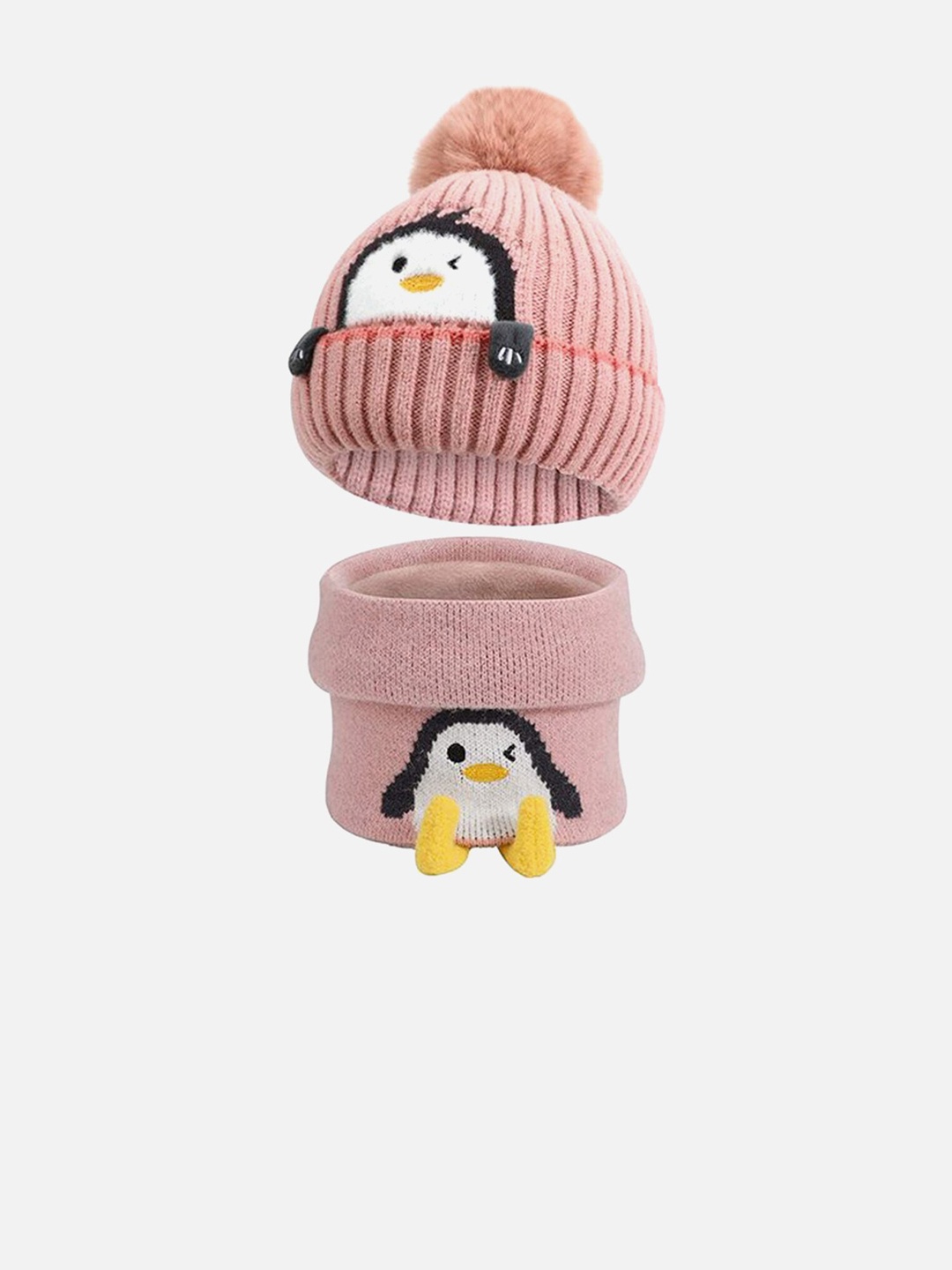 

Little Surprise Box LLP Infant Penguin Woven Wool Winter Cap & Muffler Set, Pink