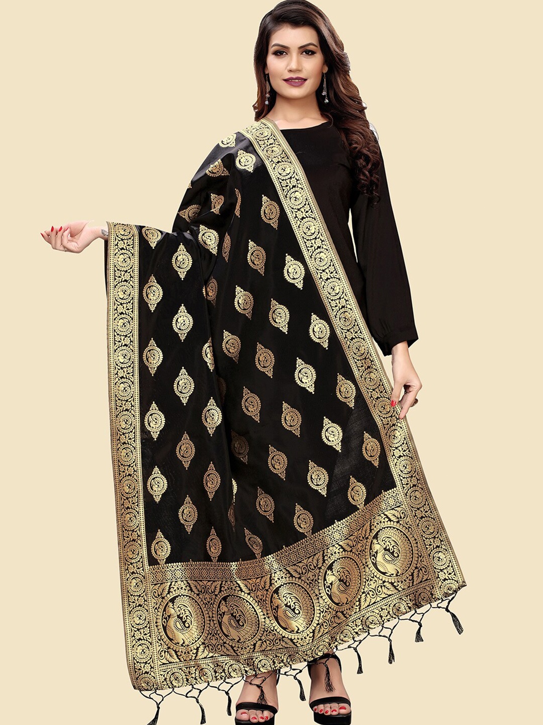 

Kasak Ethnic Motifs Woven Design Dupatta With Zari, Black