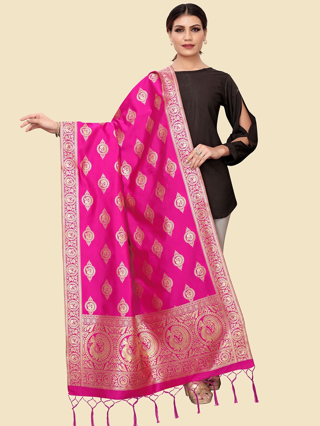 

Kasak Pink Ethnic Motifs Woven Design Dupatta With Zari