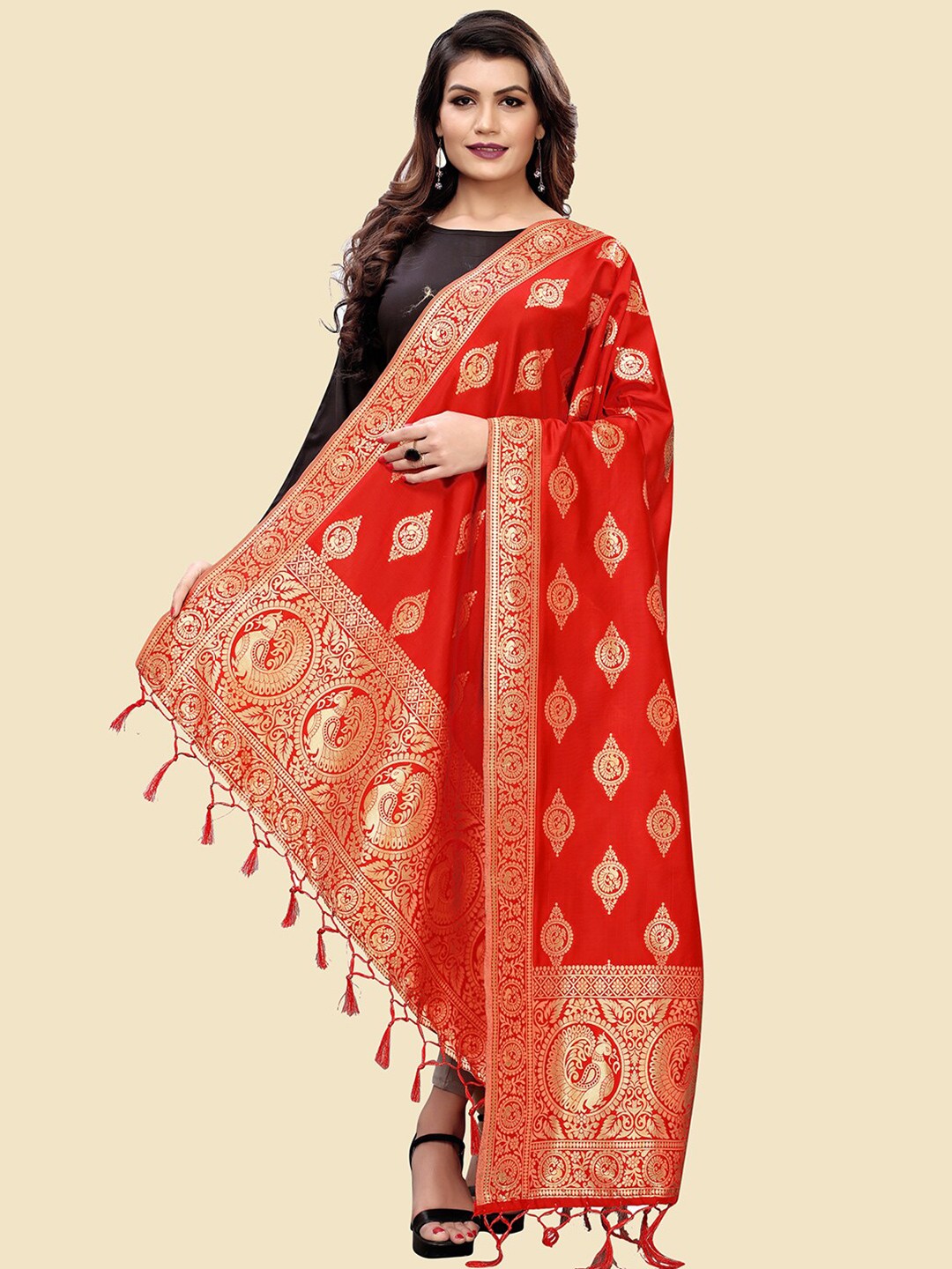 

Kasak Ethnic Motifs Woven Design Dupatta With Zari, Red