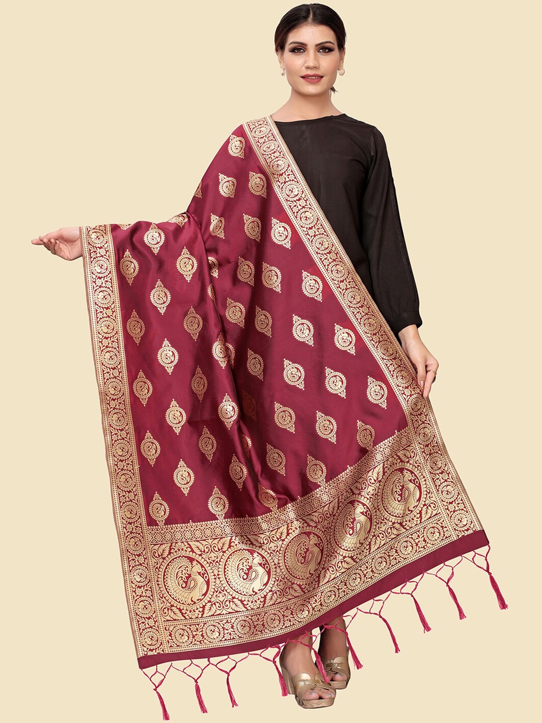 

Kasak Ethnic Motifs Woven Design Dupatta With Zari, Maroon