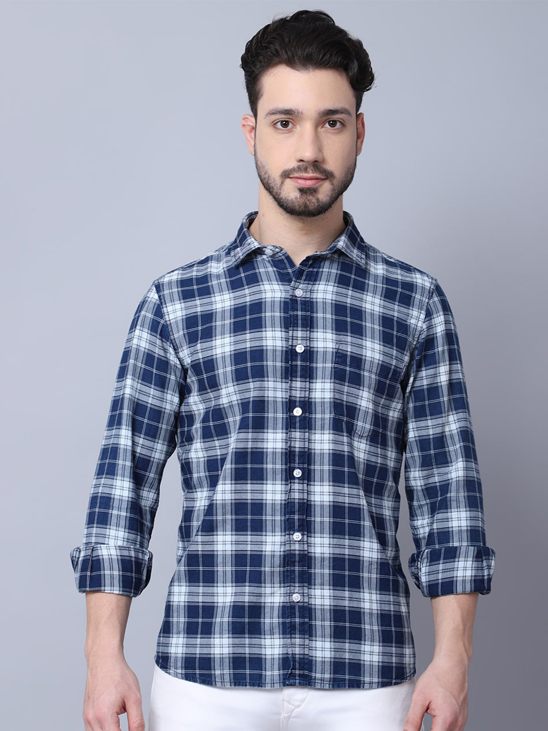 

Cantabil Spread Collar Tartan Checked Regular Fit Cotton Casual Shirt, Navy blue
