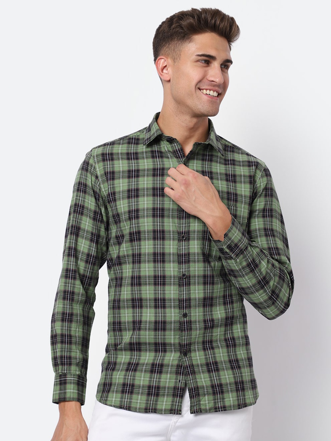 

Cantabil Spread Collar Tartan Checked Regular Fit Cotton Casual Shirt, Green