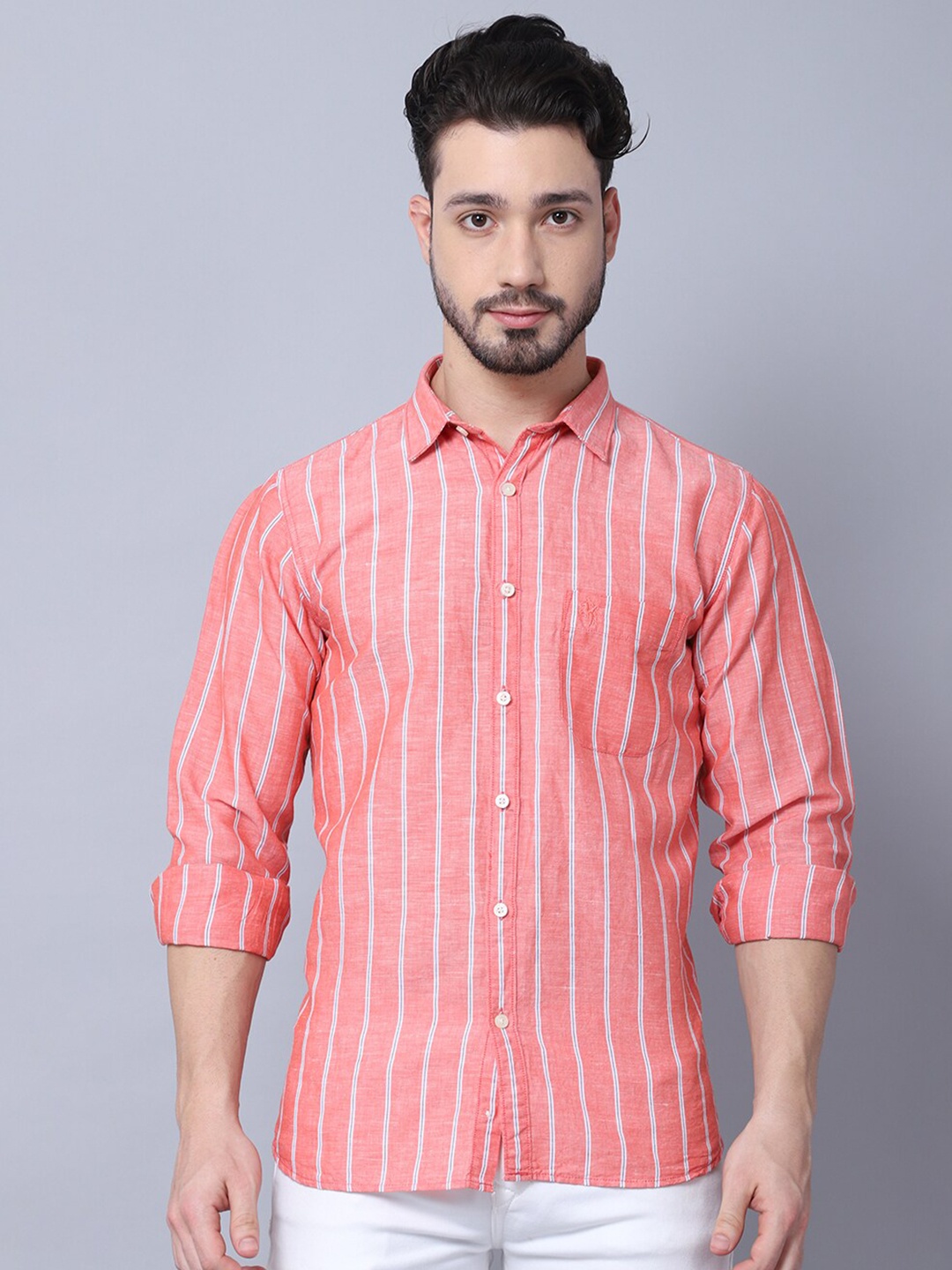 

Cantabil Striped Cotton Casual Shirt, Red