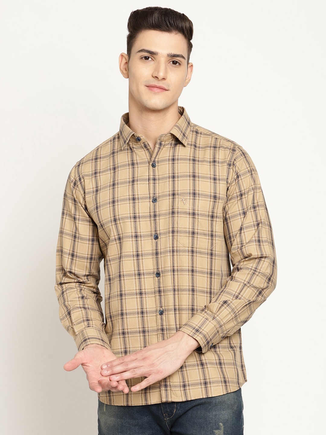 

Cantabil Windowpane Checked Cotton Casual Shirt, Khaki