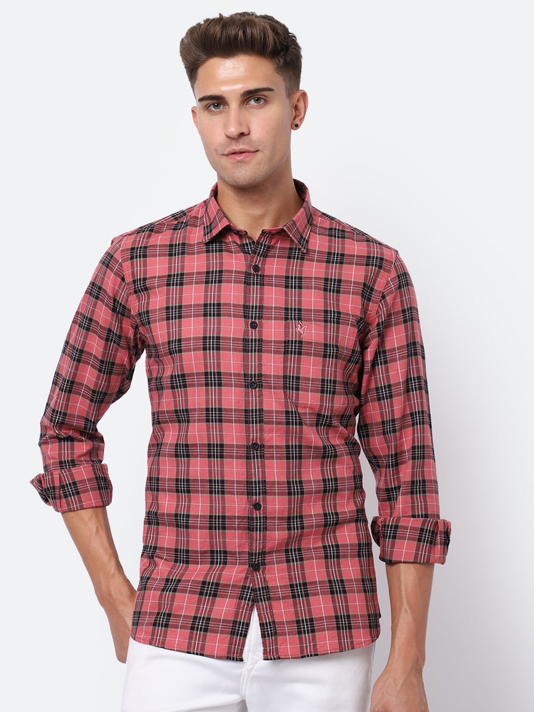 

Cantabil Tartan Checks Cotton Casual Shirt, Pink