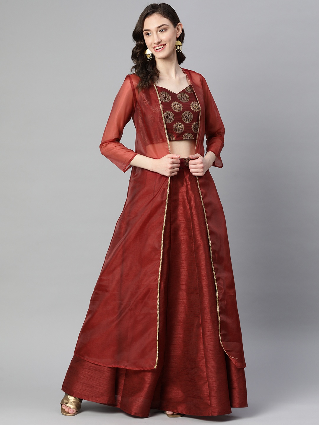 

Purple State Ethnic Motifs Print Top With Skirt & Shrug, Maroon