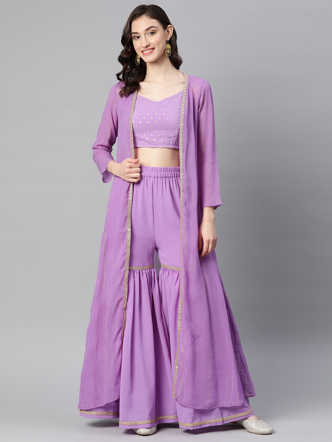 

Purple State Embroidered Kantha Work Top With Sharara & Shrug