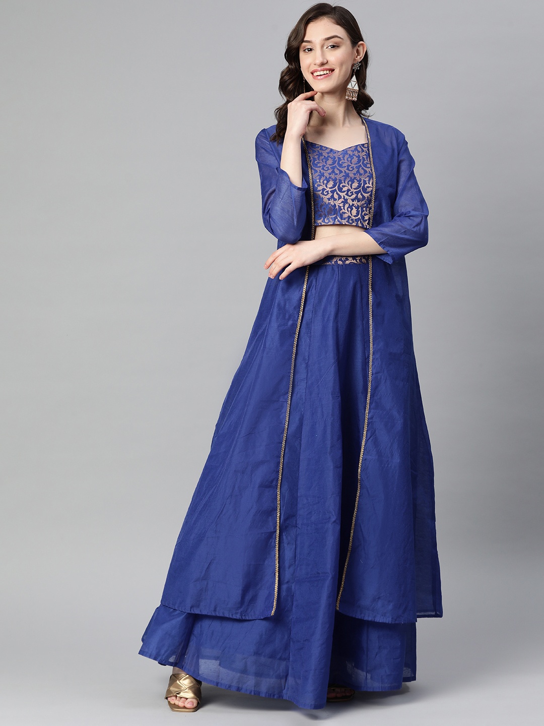 

Purple State Ethnic Motifs Print Top With Skirt & Shrug, Blue