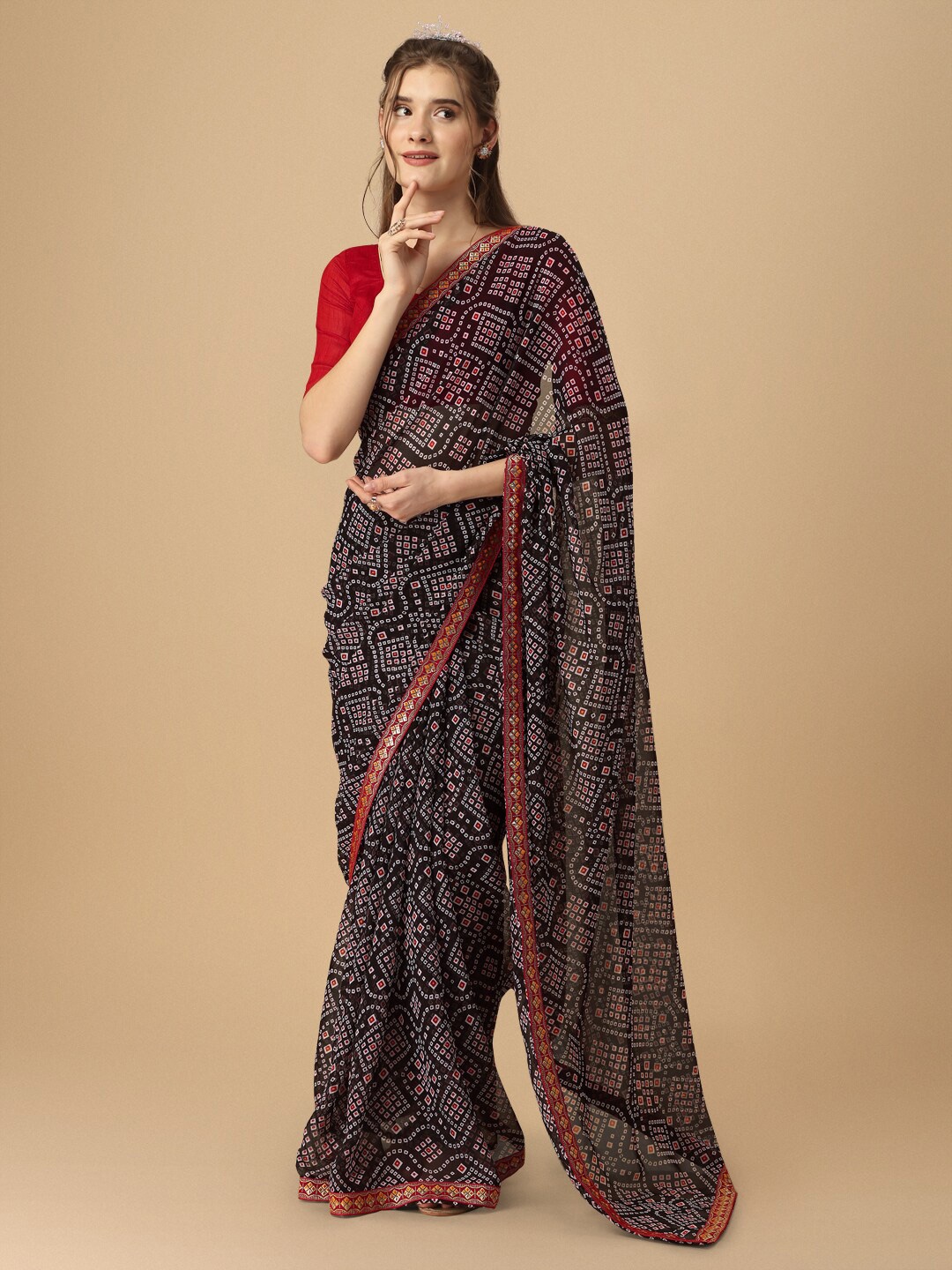 

Sangria Bandhani Printed Zari Chiffon Saree, Black