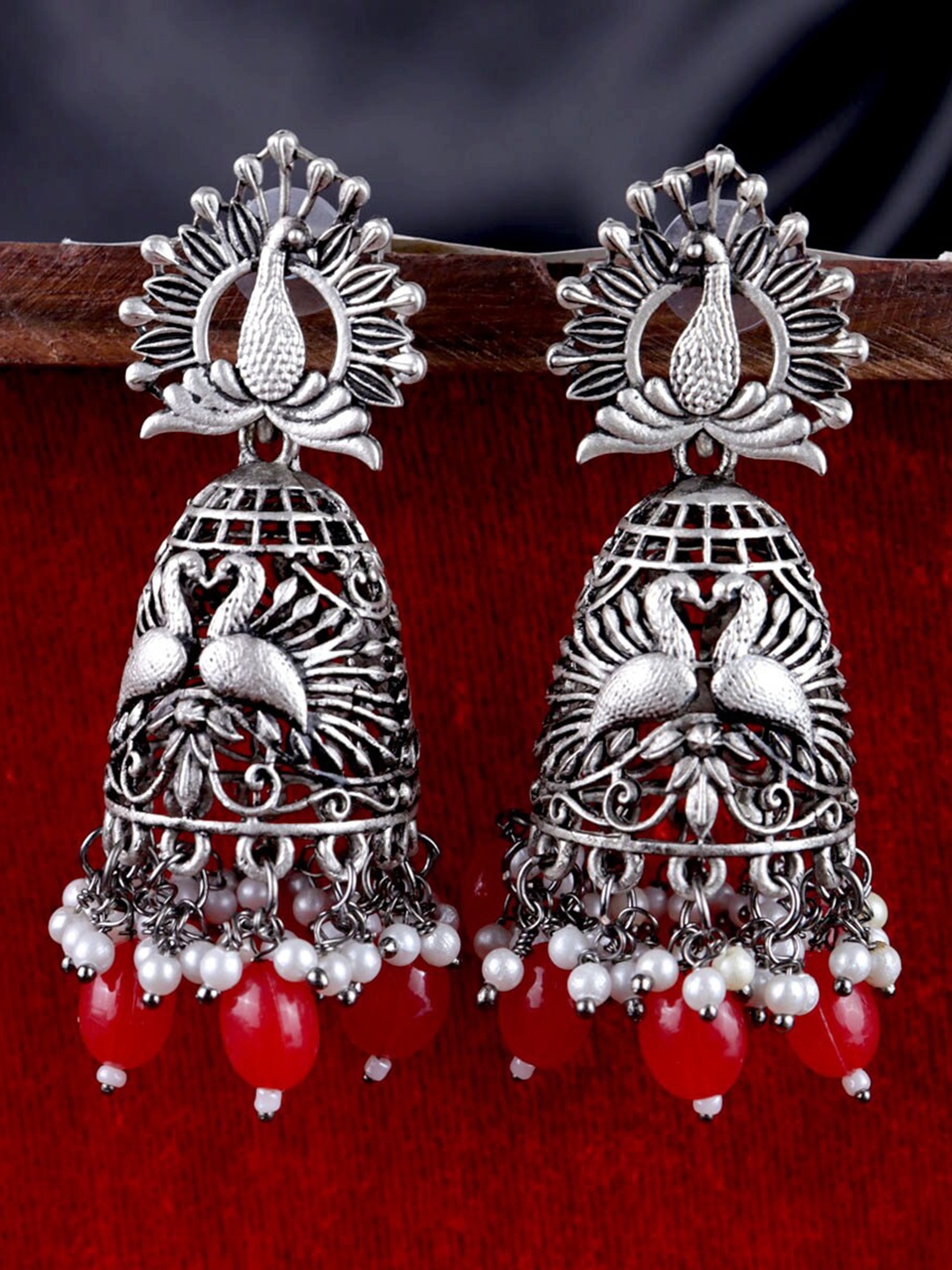 

Krelin Silver-Plated Oxidised Peacock Shaped Jhumkas Earrings, Red