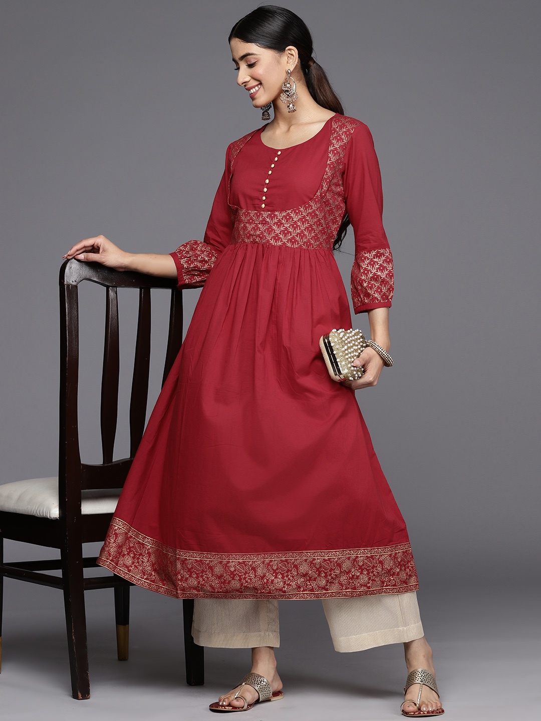 

Varanga Ethnic Motifs Printed Cotton Kurta, Maroon