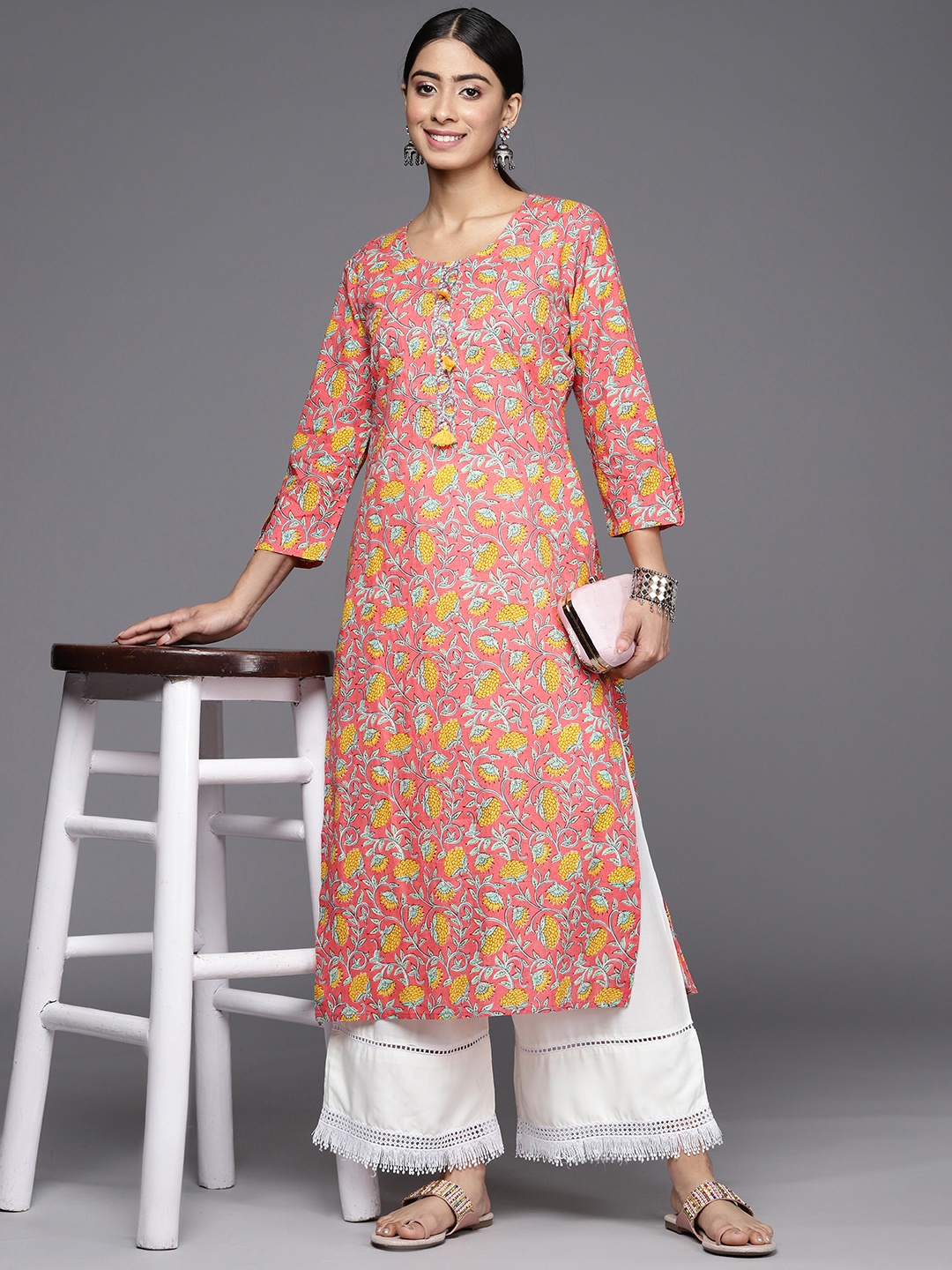 

Varanga Floral Printed Block Print Cotton Kurta, Pink