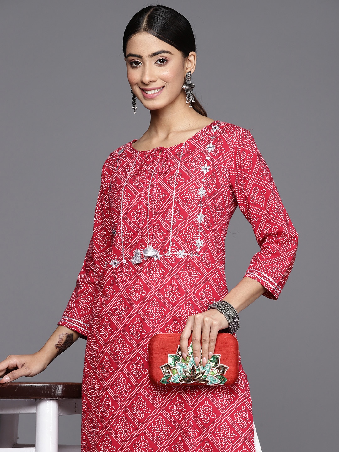 

Varanga Women Red & White Bandhani Embroidered Indie Prints Kurta