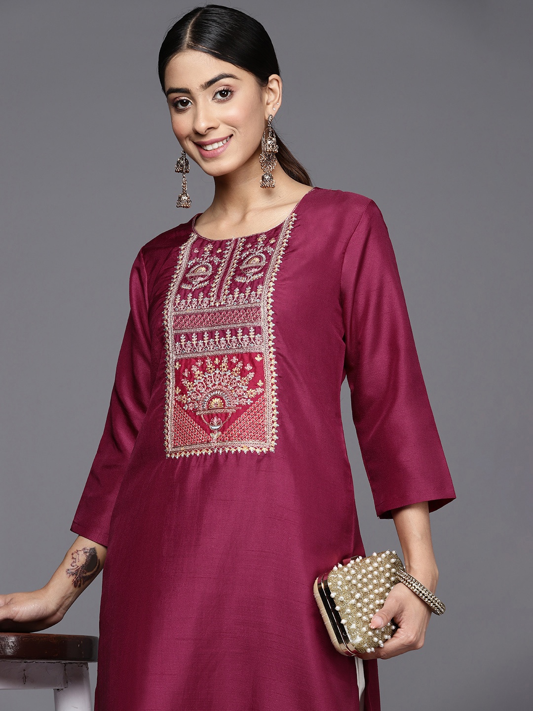 

Varanga Ethnic Motifs Yoke Design Thread Work Silk Kurta, Magenta