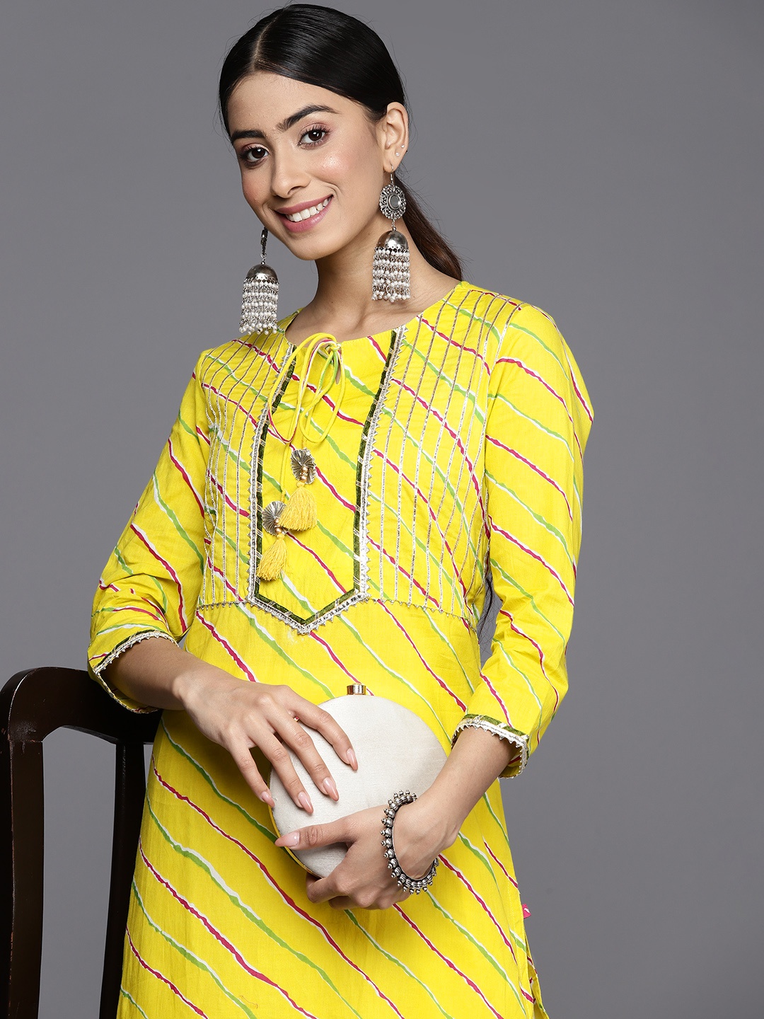 

Varanga Leheriya Printed Gotta Patti Cotton Kurta, Yellow
