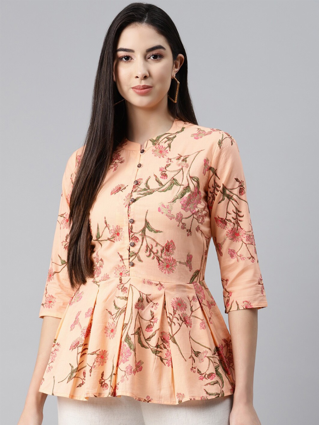 

MALHAAR Floral Print Mandarin Collar Peplum Top, Peach
