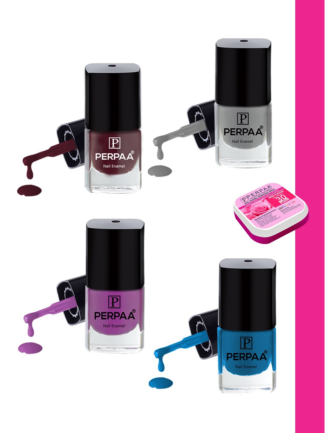 

PERPAA Set Of 4 Quick Dry & Long Lasting Nail Polishes With Nail Enamel Wipes, Multi
