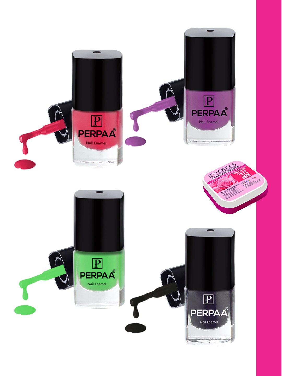 

PERPAA Set Of 4 Quick Dry & Long Lasting Nail Polishes With Nail Enamel Wipes, Multi