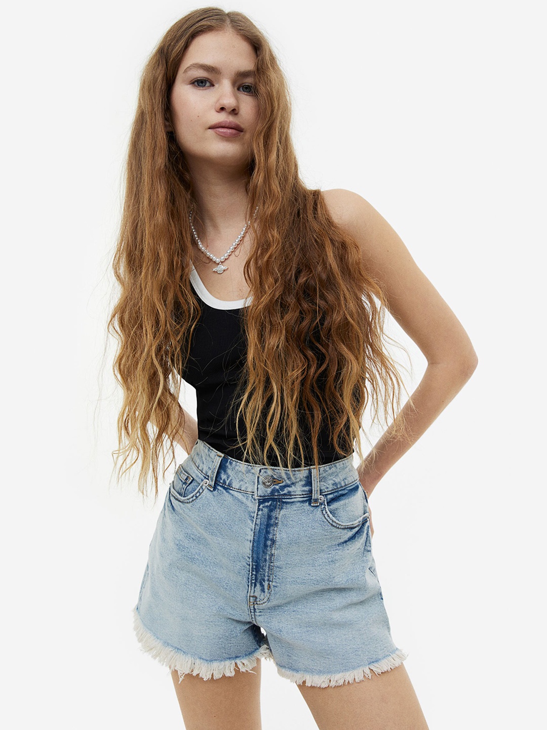 

H&M Woman High-waisted denim shorts, Blue