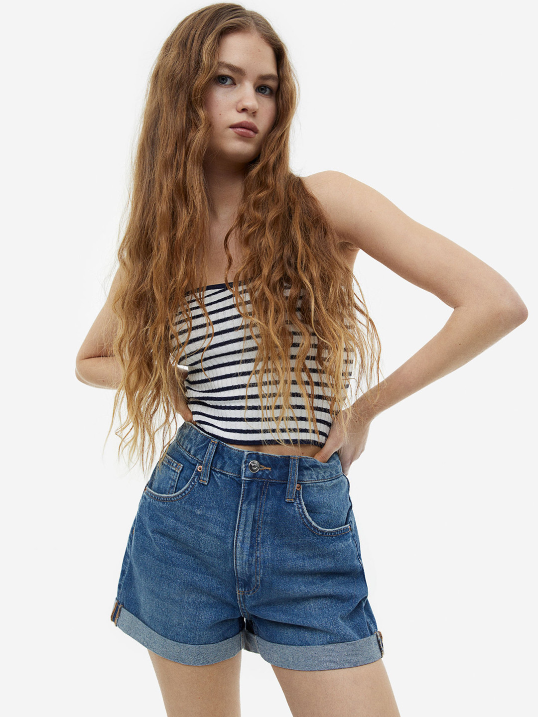 

H&M Woman High-waisted denim shorts, Blue