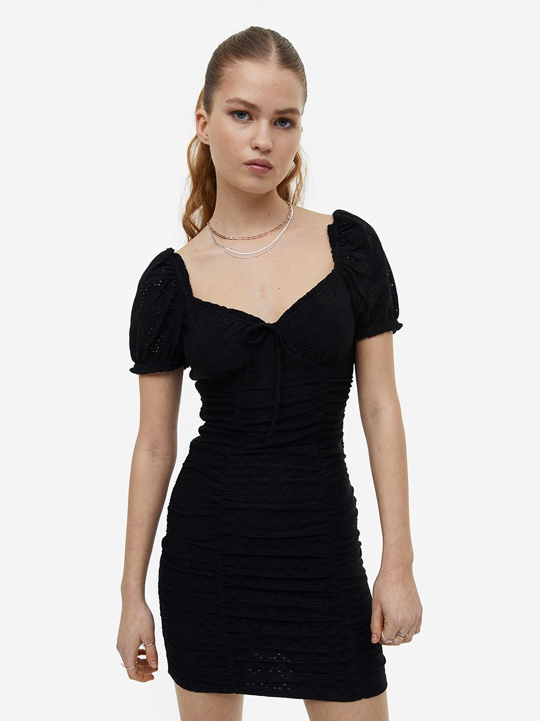 

H&M Woman Gathered broderie anglaise dress, Black