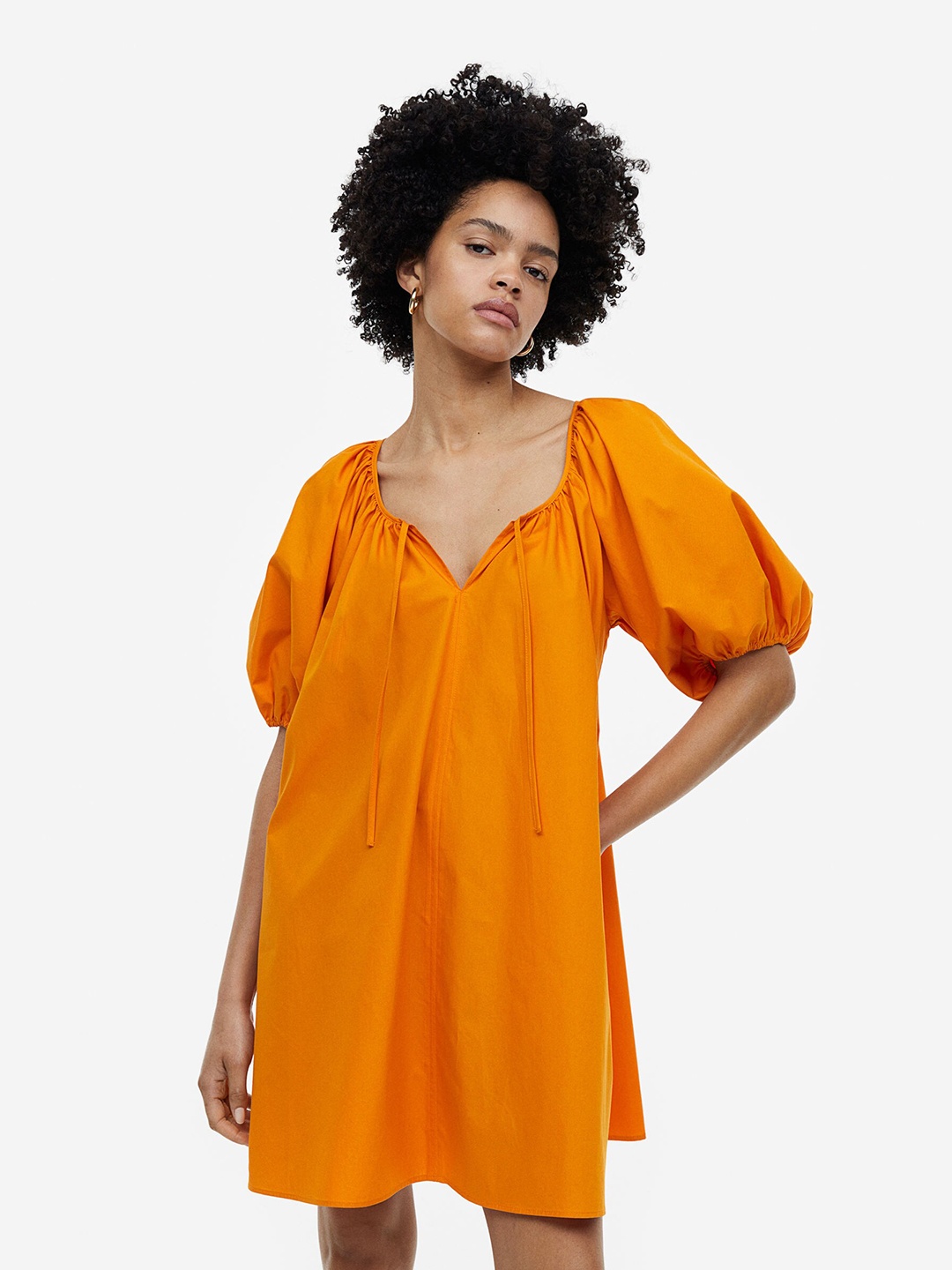 

H&M Woman Puff-sleeved tie-detail dress, Orange