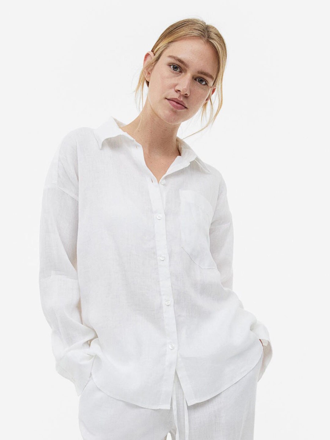 

H&M Woman Oversized linen-blend shirt, White