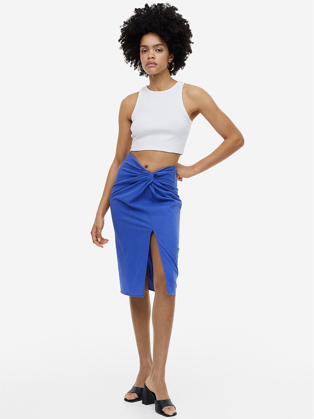 

H&M Knot-Detail Linen-Blend Skirt, Blue