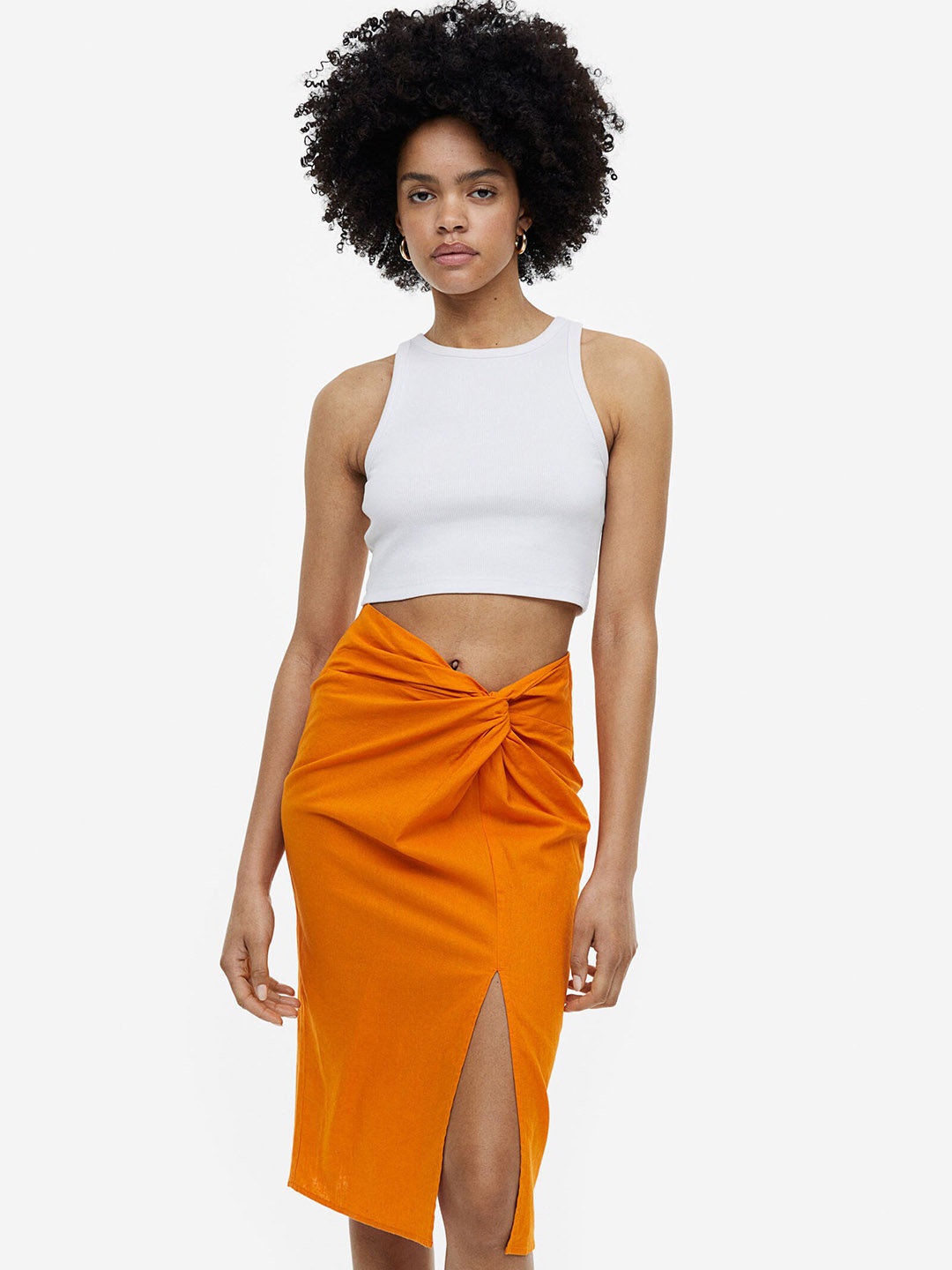 

H&M Knot-Detail Linen-Blend Skirt, Orange