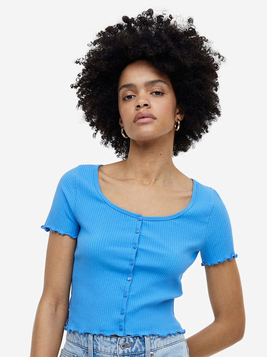 

H&M Woman Ribbed button-front top, Blue