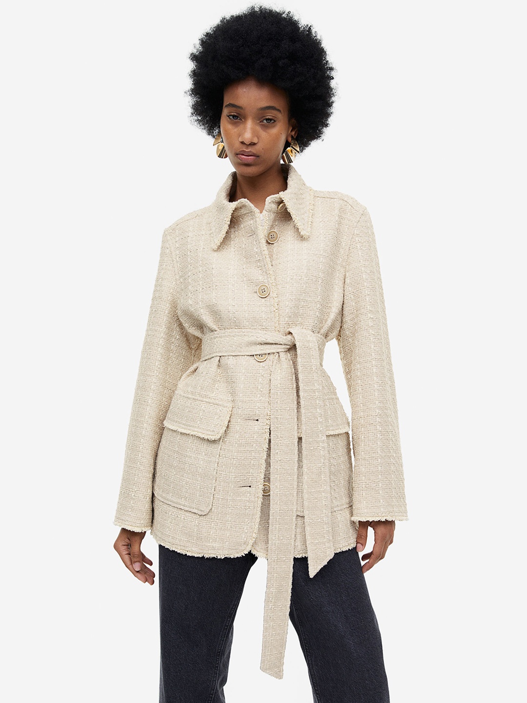 

H&M Woman Tie-belt boucl shacket, Beige