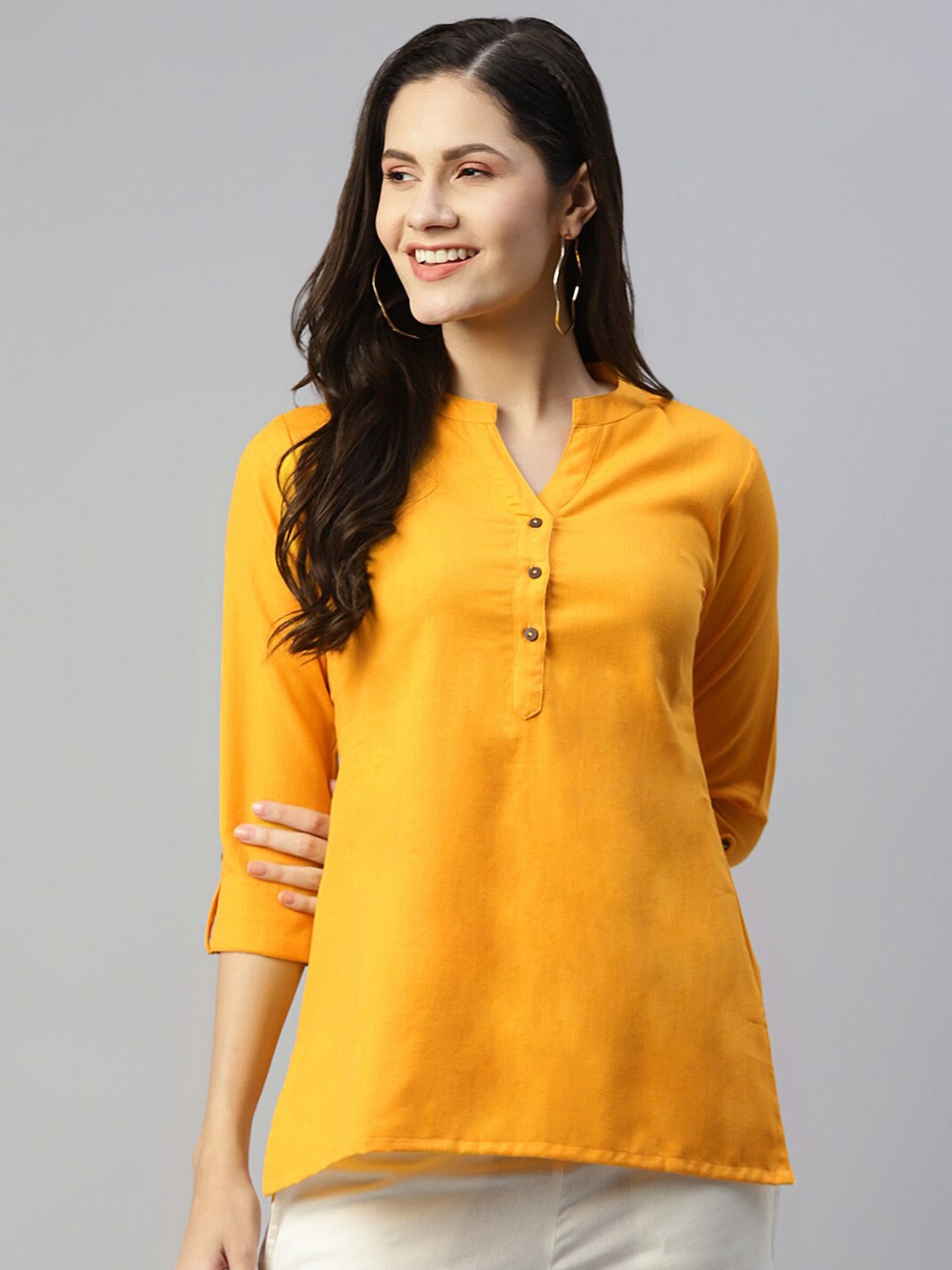 

MALHAAR Pure Cotton Mandarin Collar Roll-Up Sleeves Kurti, Yellow