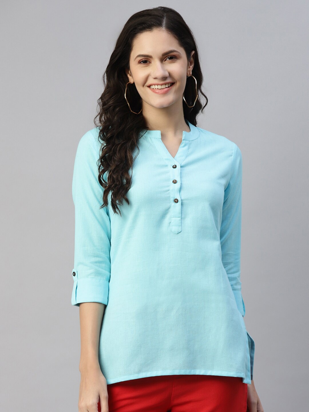 

MALHAAR Mandarin Collar Roll Up Sleeves Pure Cotton Kurti, Blue