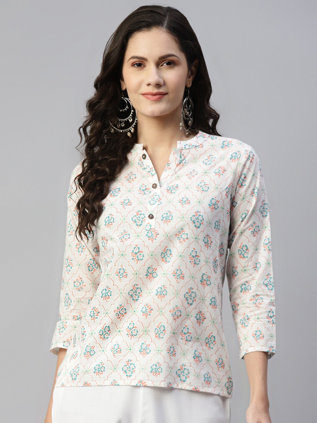 

MALHAAR Ethnic Motifs Printed Mandarin Collar Pure Cotton Kurti, White