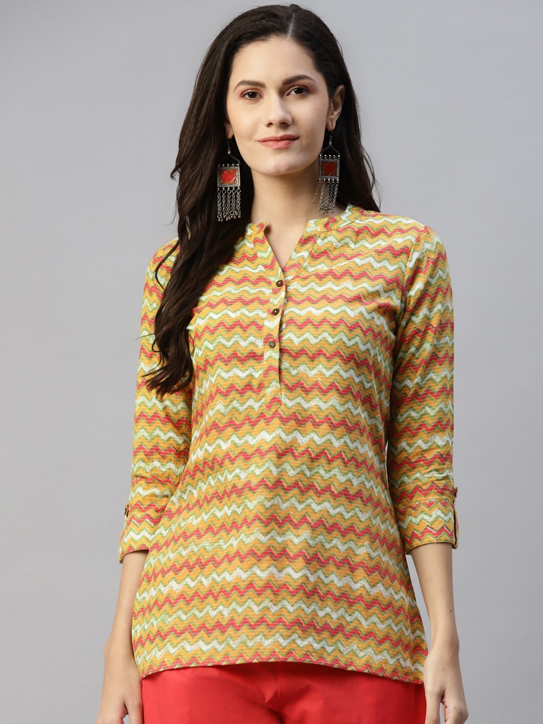 

MALHAAR Chevron Printed Pure Cotton Kurti, Orange