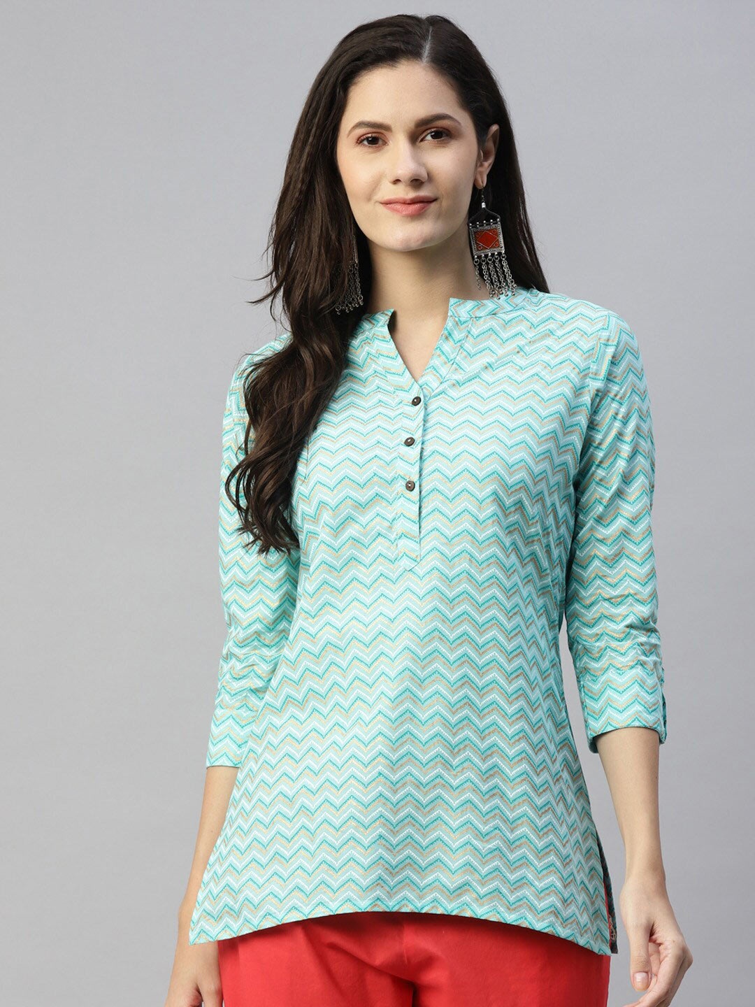 

MALHAAR Geometric Printed Pure Cotton Kurti, Sea green