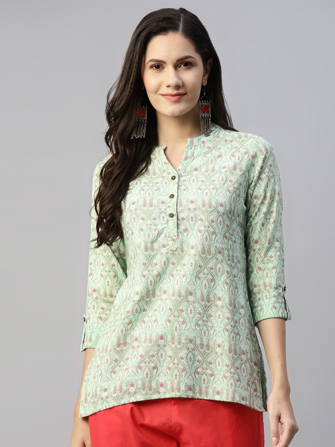 

MALHAAR Floral Printed Pure Cotton Mandarin Collar Kurti, Green