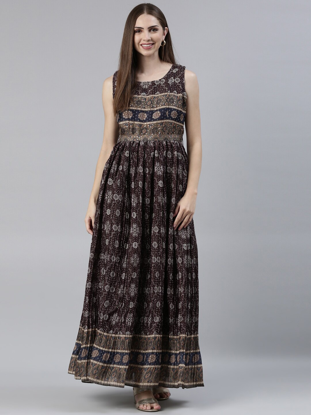 

Neerus Ethnic Motifs Printed Silk Sleeveless Maxi Ethnic Dress with Belt, Brown