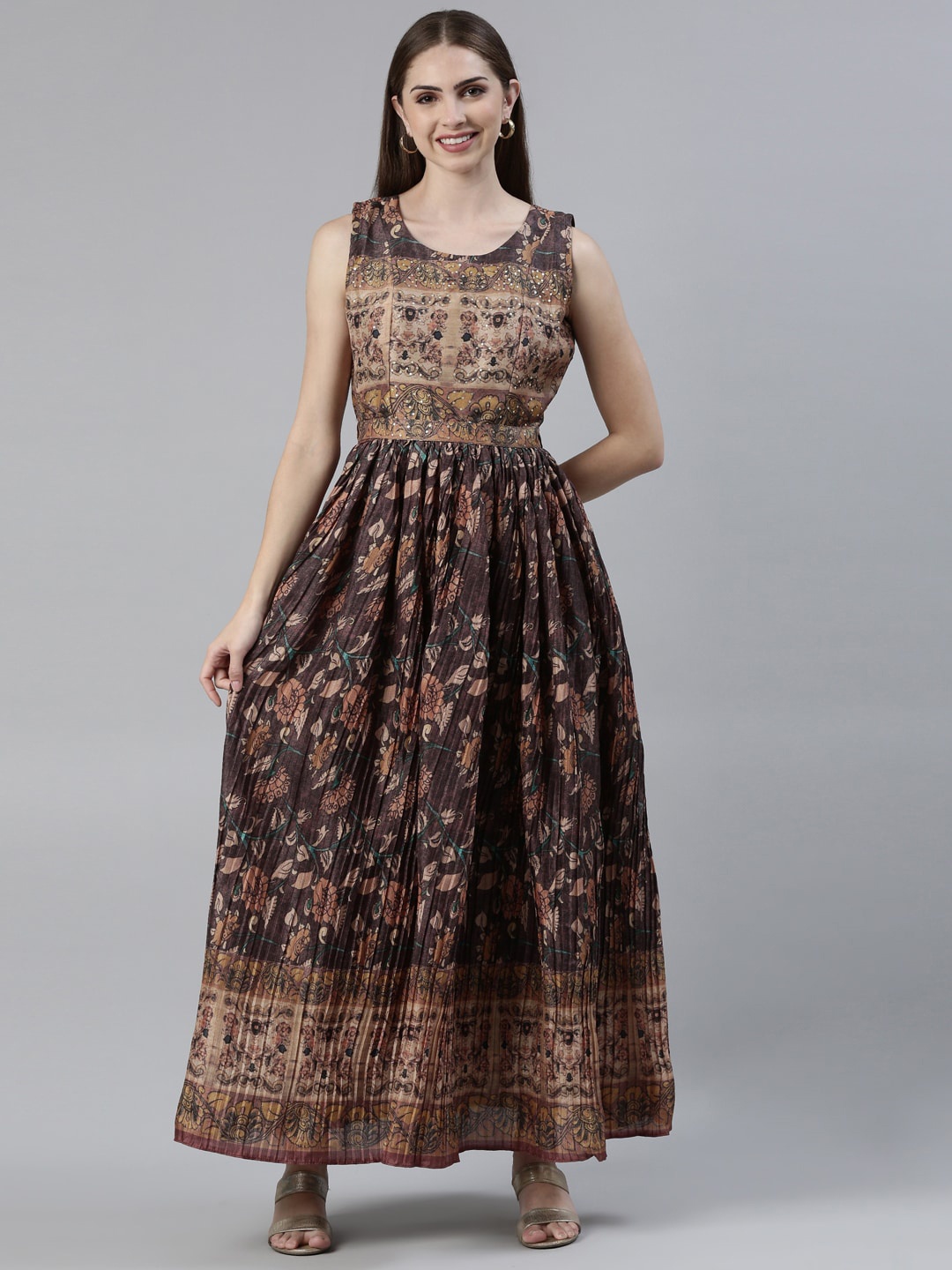 

Neerus Ethnic Motifs Printed Silk Sleeveless Maxi Ethnic Dress with Belt, Brown